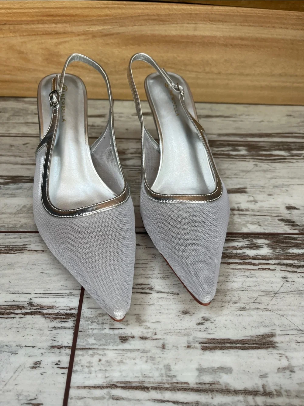 Newbella Womens 10 Silver Mesh Pointed Toe Slingback Heels 3